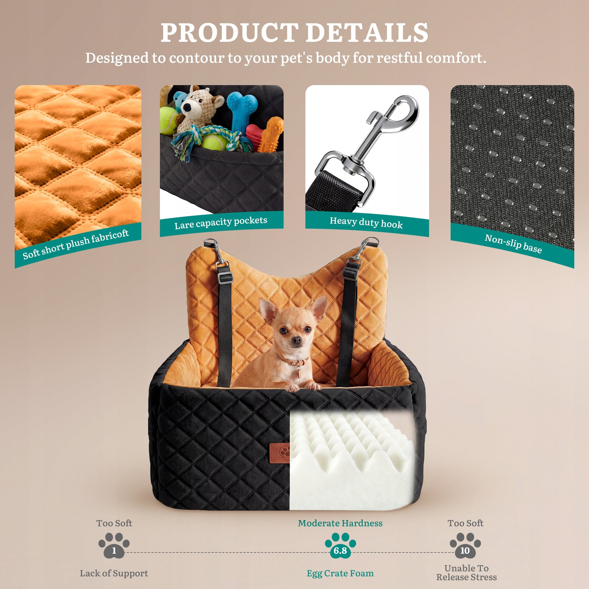 Dog Car Seat, Memory Foam, Pet Bed, 2 Safety Belts,Storage Bags, Orange Size M/L