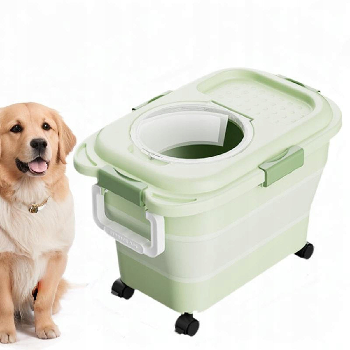 Dog Cat Food Storage Container Airtight with Wheels Portable Foldable Green Packaging status original