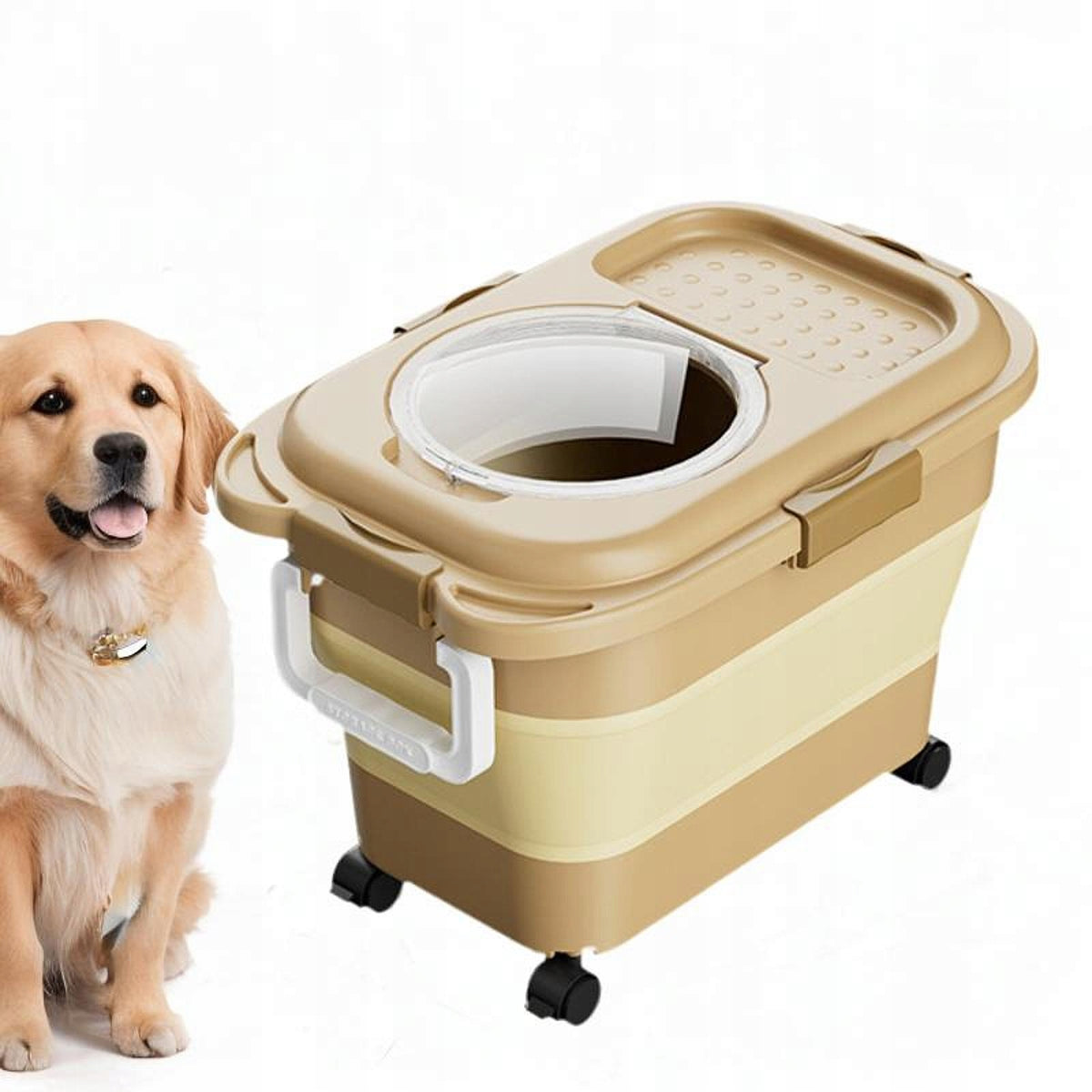 Dog Cat Food Storage Container Airtight with Wheels Portable Foldable Khaki Packaging status original