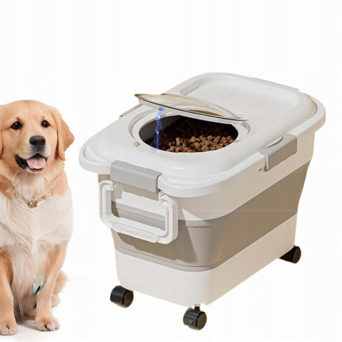 Dog Cat Food Storage Container Airtight with Wheels Portable Foldable White Packaging status original