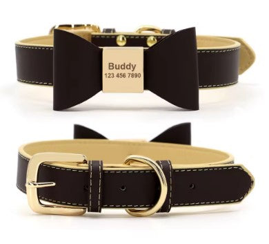 Dog Collar Cat Bow Engraving Name + Phone Number XS Brown