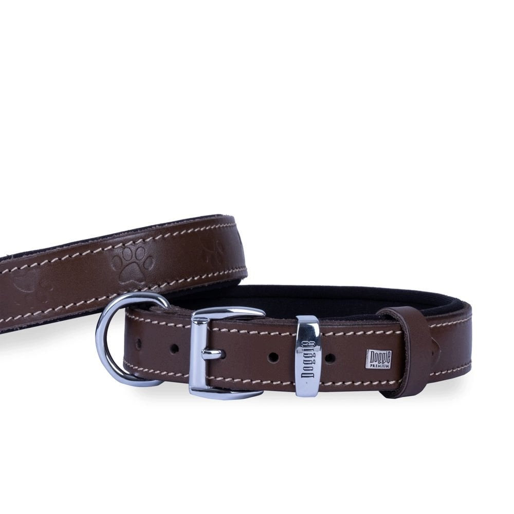 Dog Collar Leather Dog Paws Soft Lining 3,5x47-55cm Brown