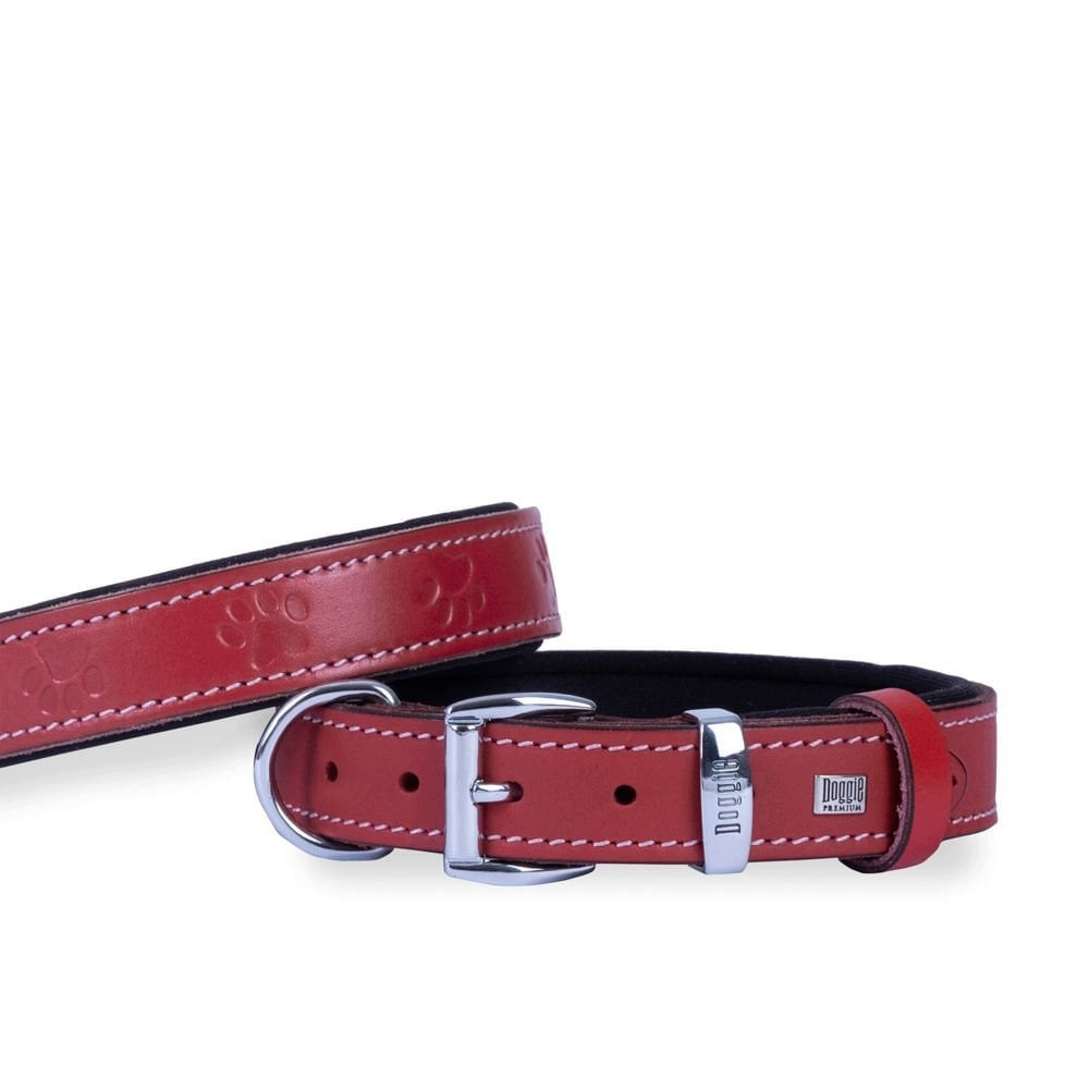 Dog Collar Leather Dog Paws Soft Lining 3x42-50cm Red