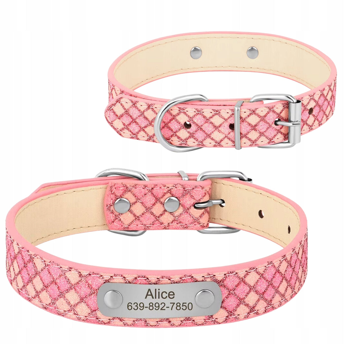 Dog Collar Personalized Name + Phone Number M Pink Glitter Manufacturer code ObrożaIDZR-M
