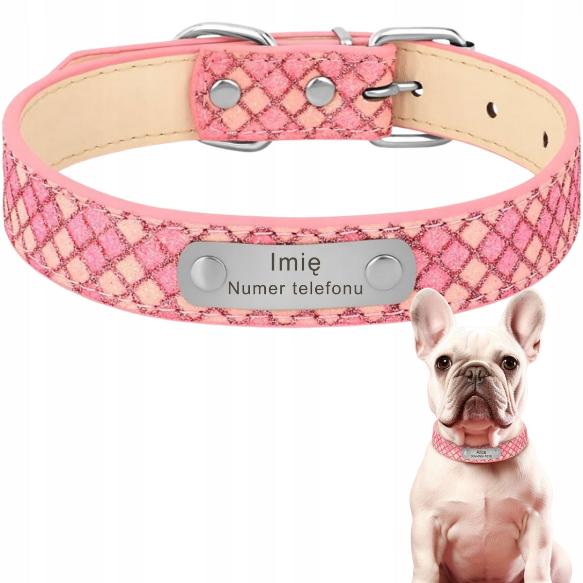 Dog Collar Personalized Name + Phone Number M Pink Glitter