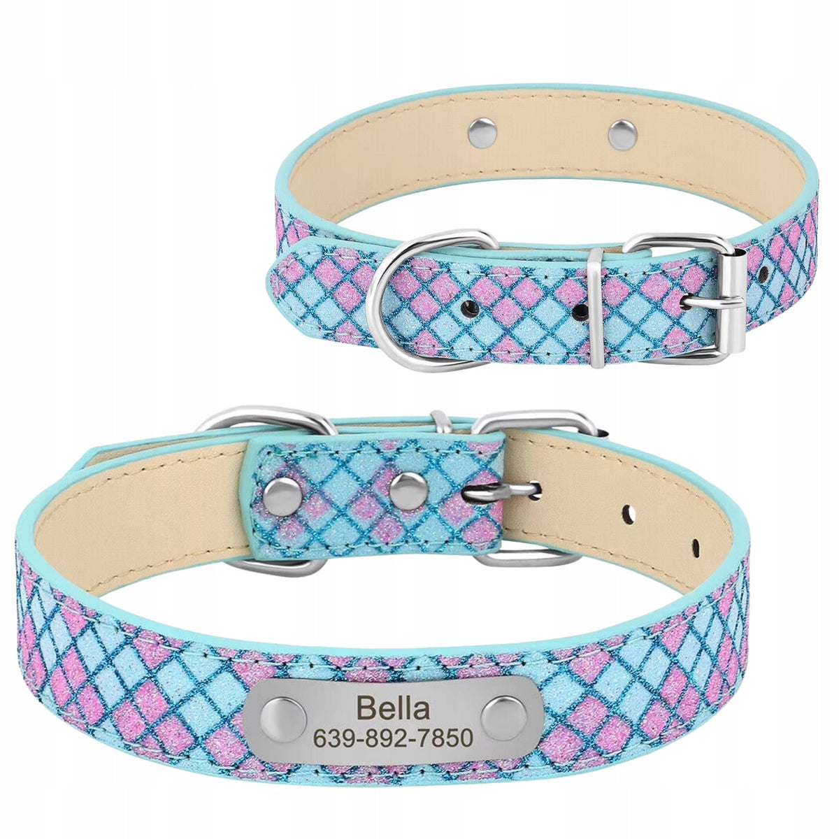 Dog Collar Personalized Name + Phone Number S Blue Glitter Manufacturer code ObrożaIDZN-S