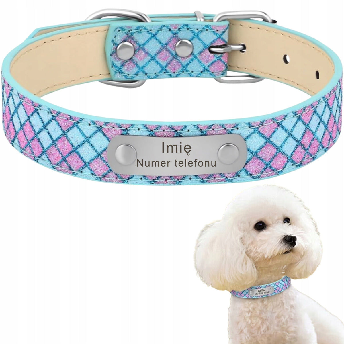 Dog Collar Personalized Name + Phone Number S Blue Glitter