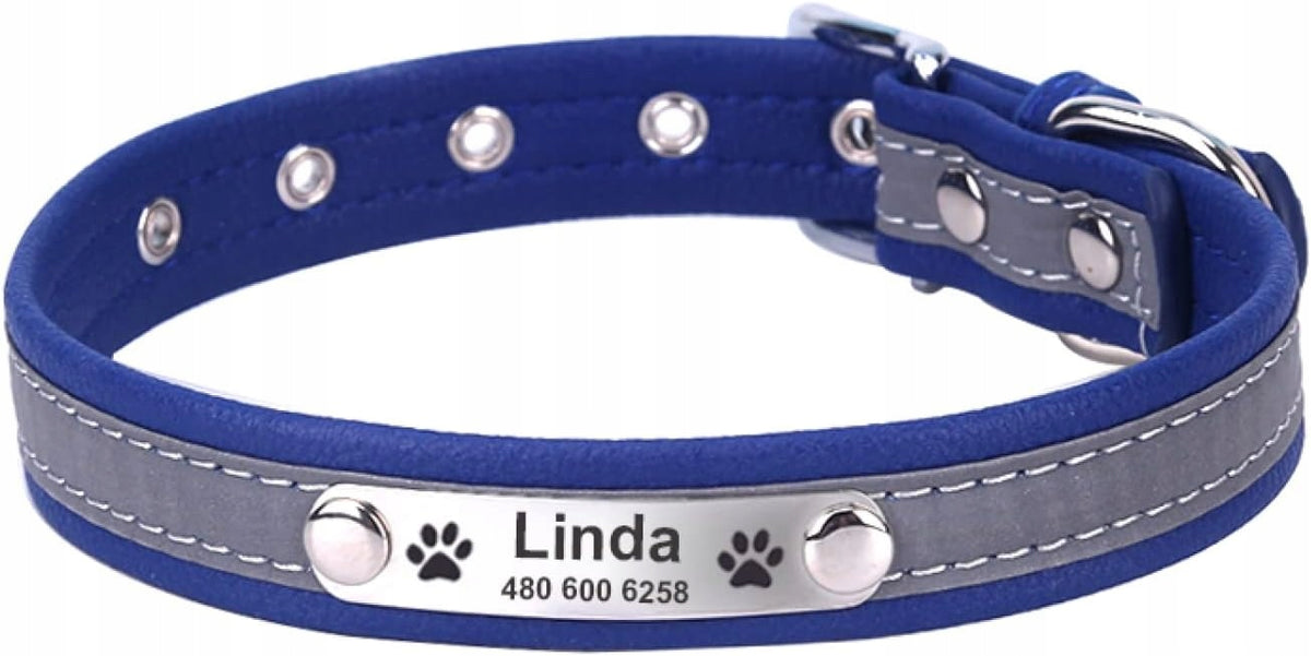 Dog Collar Reflective Personalized Name + Phone Number L Blue