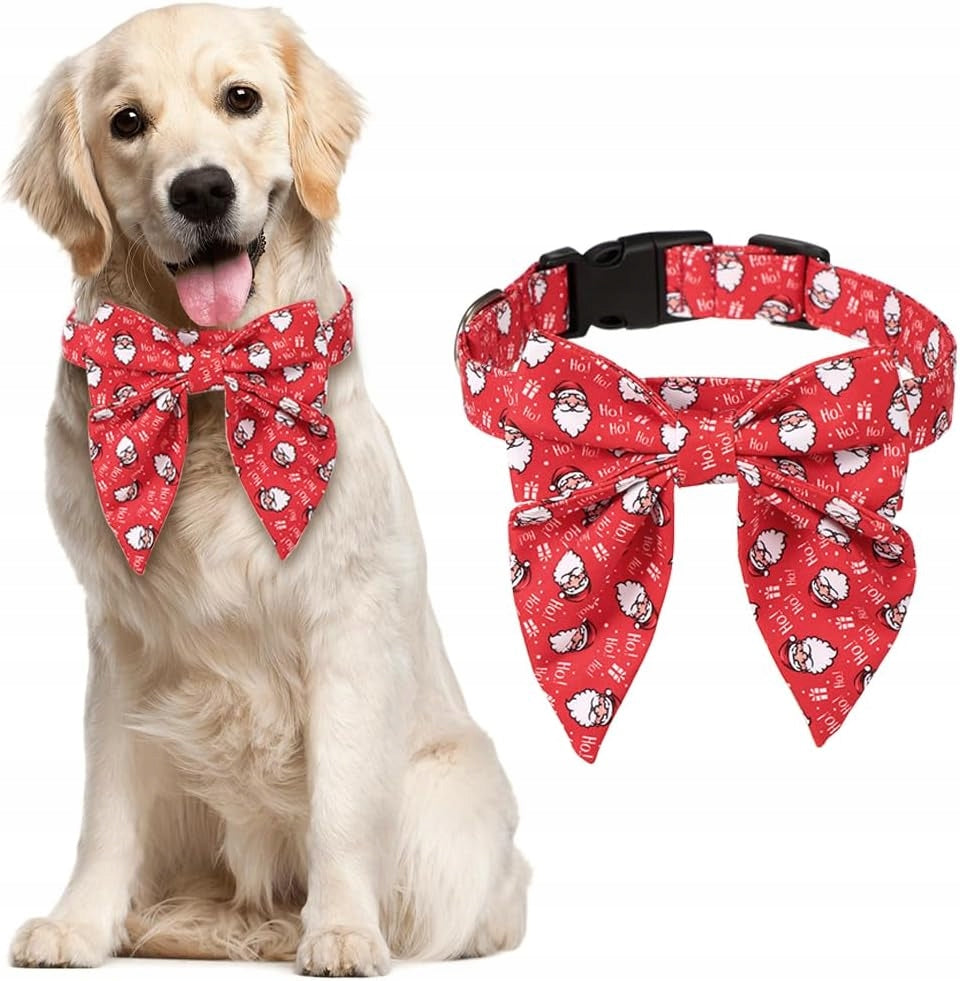 Dog Collar with Bow for Christmas Adjustable Size L Red