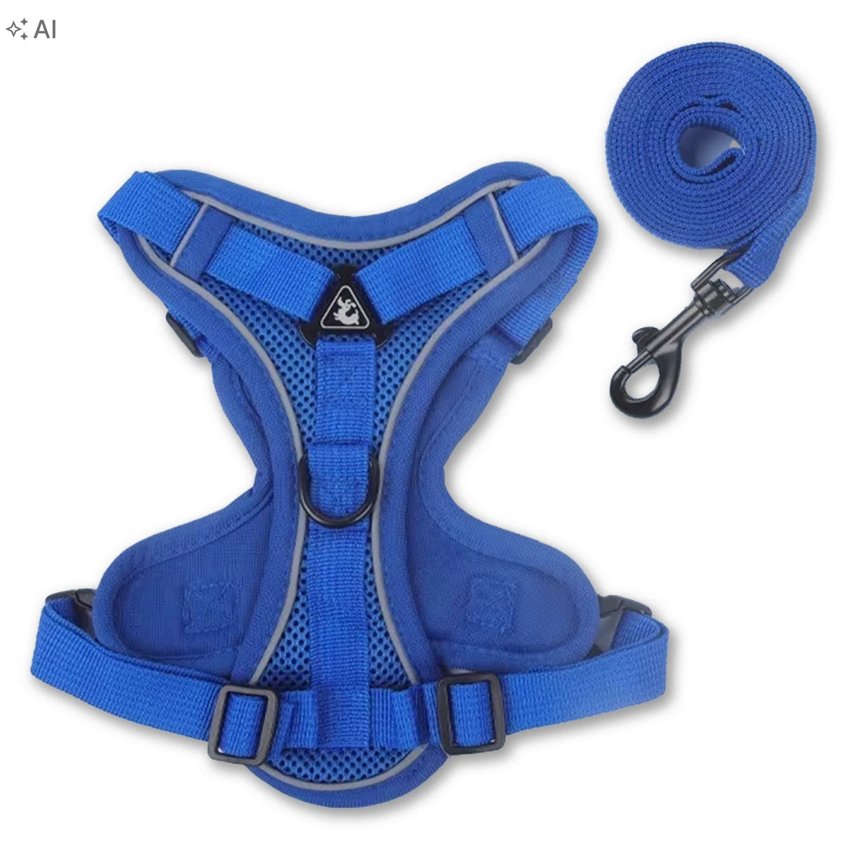 Dog Harness Adjustable M Blue Pressure-Free Reflective + Leash