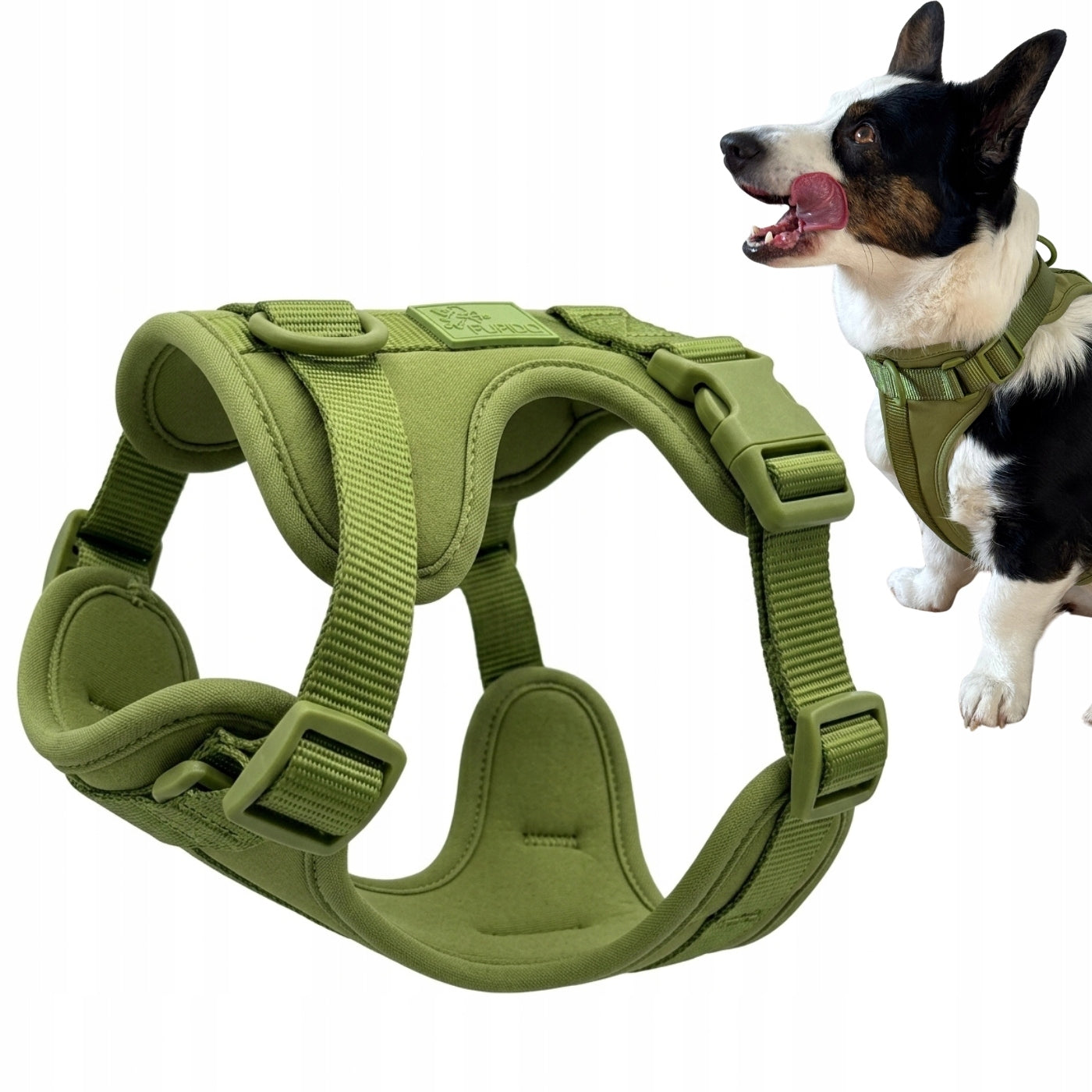 Dog Harness Guard Pressure-Free Walking Adjustable Olive Pupido L