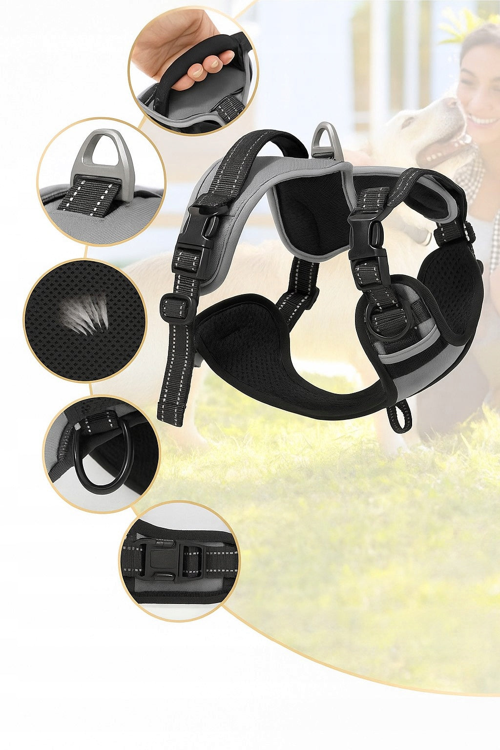 Dog Harness Pressure-Free GREY Guard Comfortable Reflective L + Lanyard Kind training / easy walk