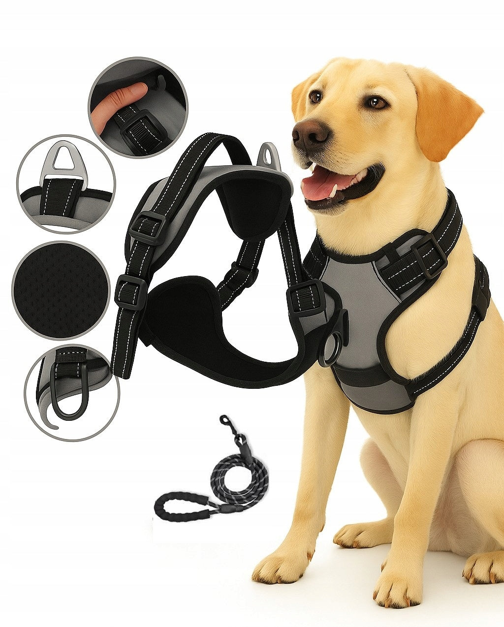 Dog Harness Pressure-Free GREY Guard Comfortable Reflective L + Lanyard