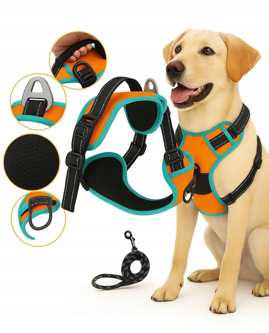 Dog Harness Pressure-Free ORANGE Guard Comfortable Reflective L + Lanyard
