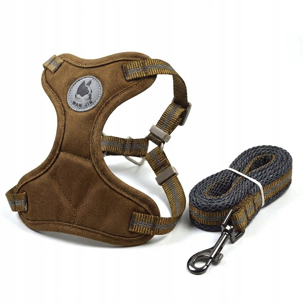 Dog Harness Pressure-Free Reflective Set with Lanyard S Brown