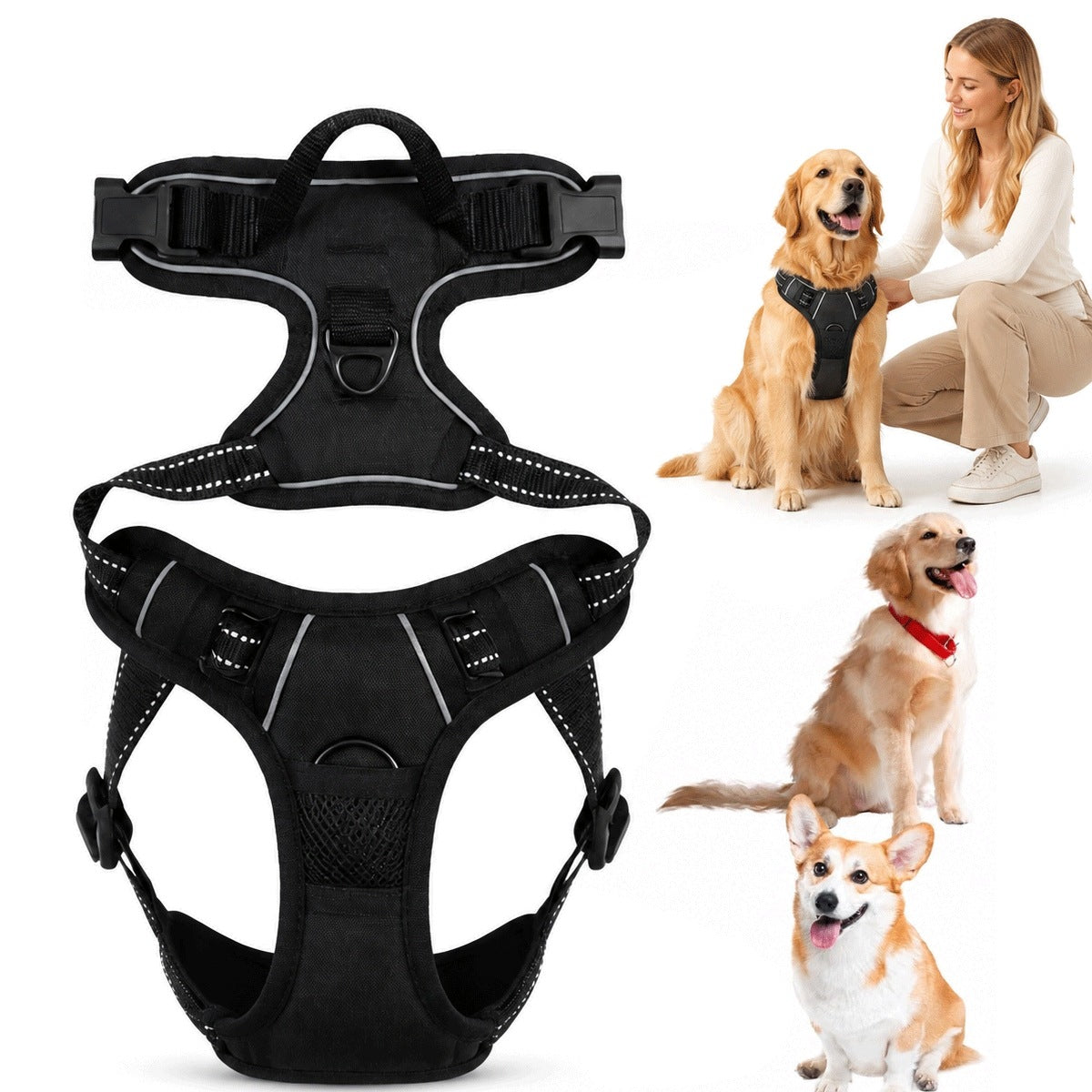 Dog Harness Solid Black Harness for Large Dogs