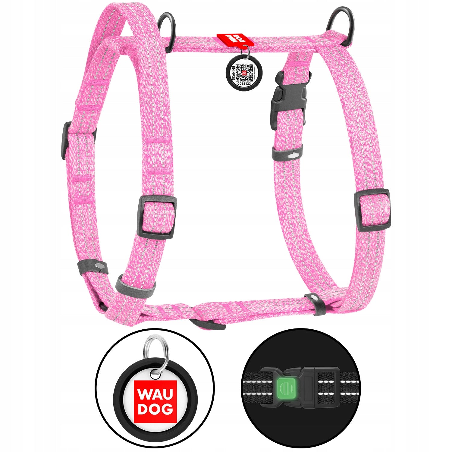 Dog Harness in Cotton + QR Address FREEBIE, Reflective, Pink, M