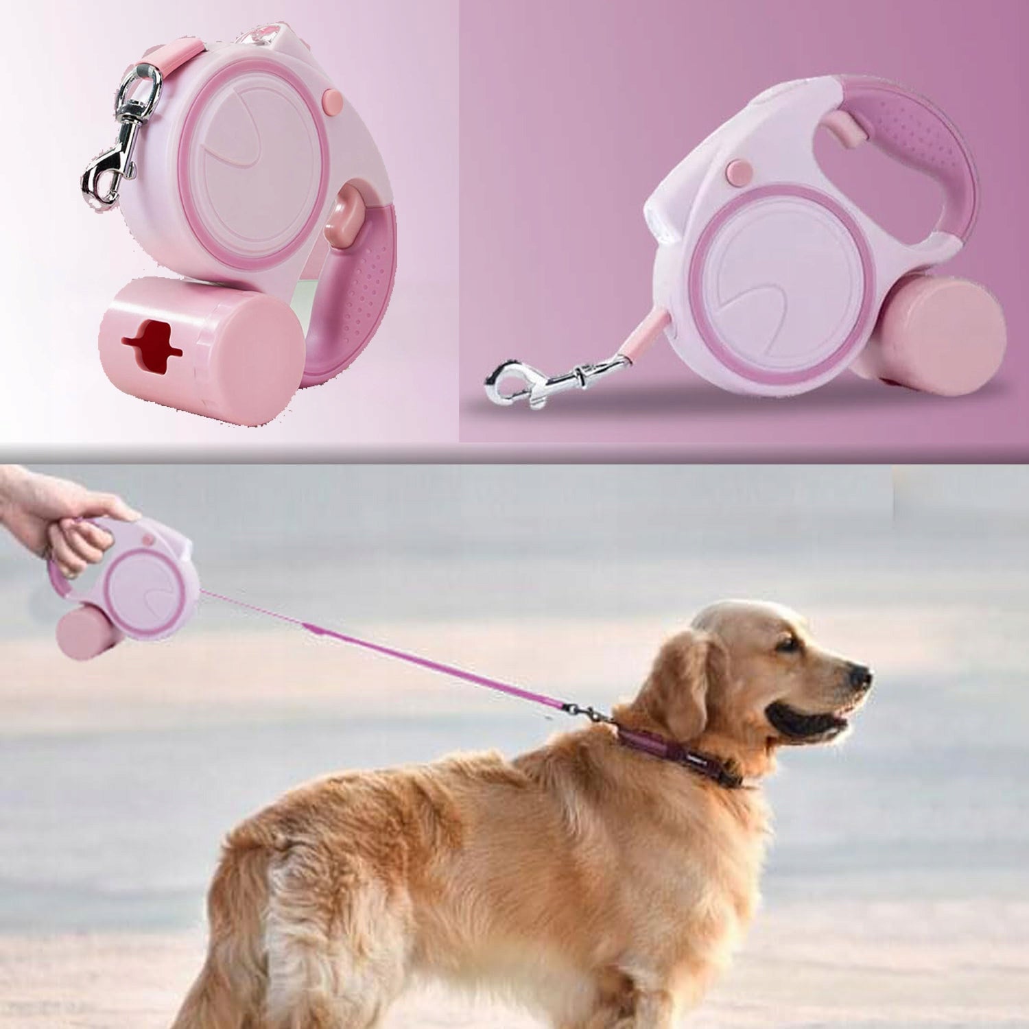 Dog Lanyard Automatic 5m With Flashlight Long Bag Container Led Lock Trade name Smycz dla zwierząt pięć metrów różowa