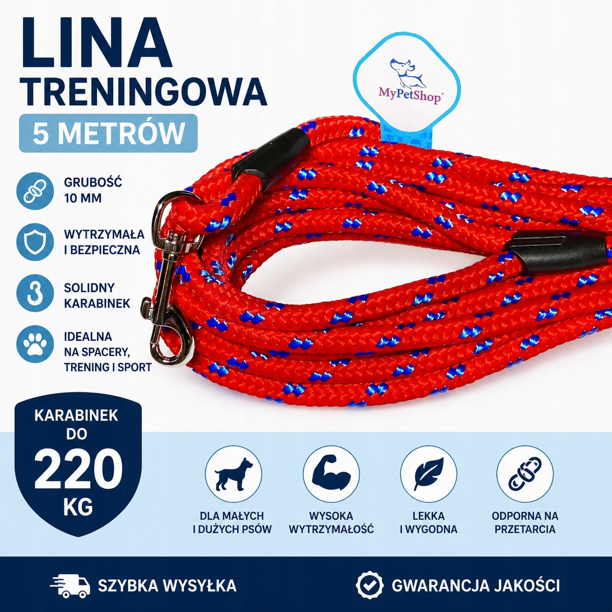 Dog Lanyard Training Rope 5m Strong Durable 10 mm Carabiner up to 220 kg Packaging status original