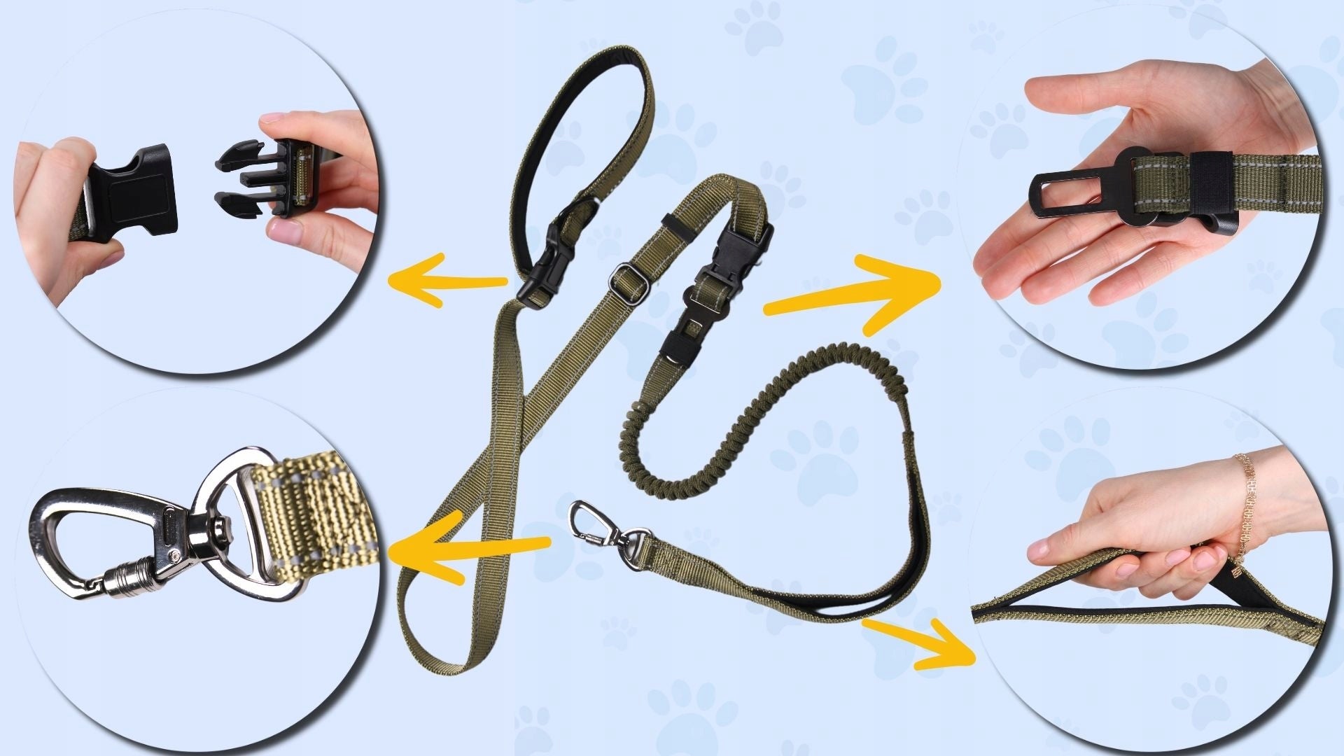 Dog Lanyard for Running with Shock Absorber Retractable Training Adjustable Trade name smycz do biegania spacerów auta przepinana odblaskowa