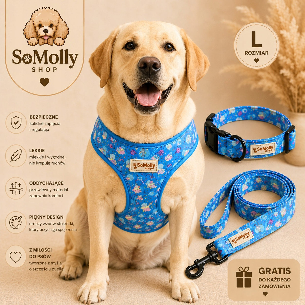 Dog Set L Cosmos 3in1 Harness Pressure-Free Collar Lanyard Adjustable