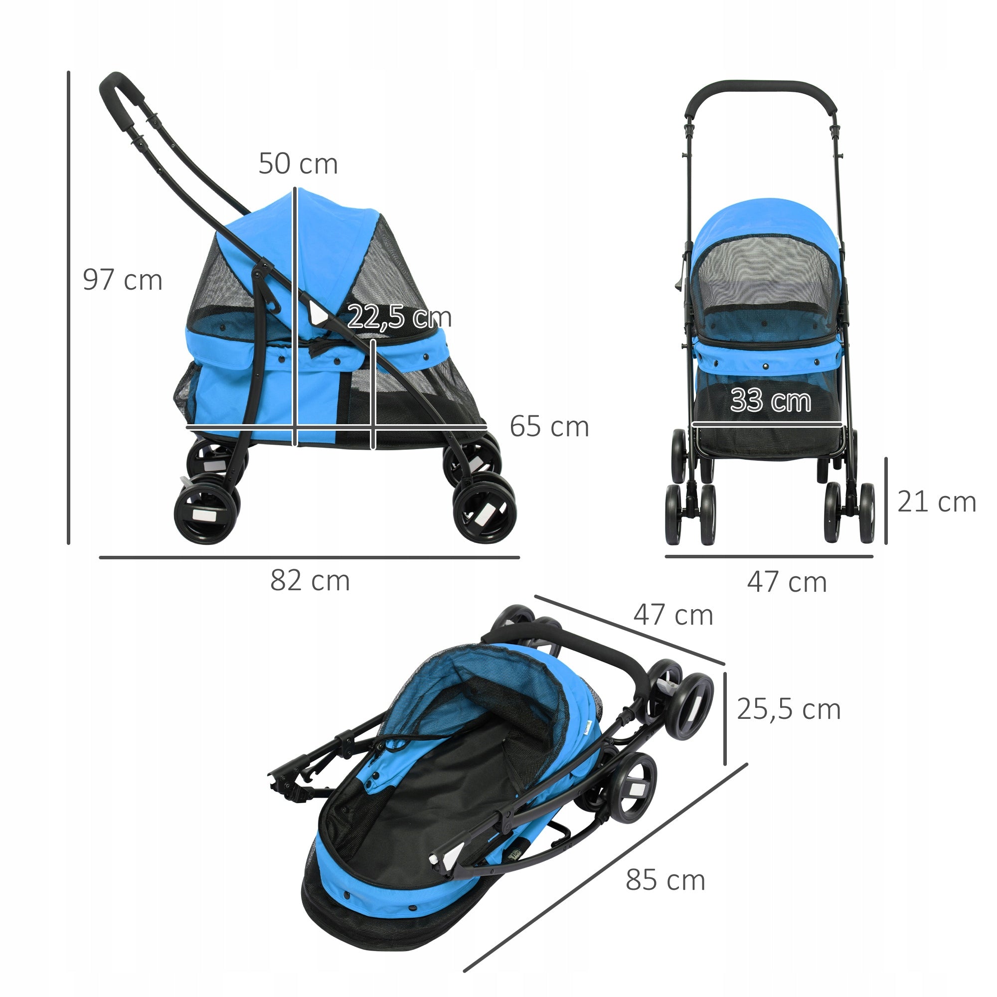 Dog Stroller Folding, Mesh Window, 2 Safety Links Color blue