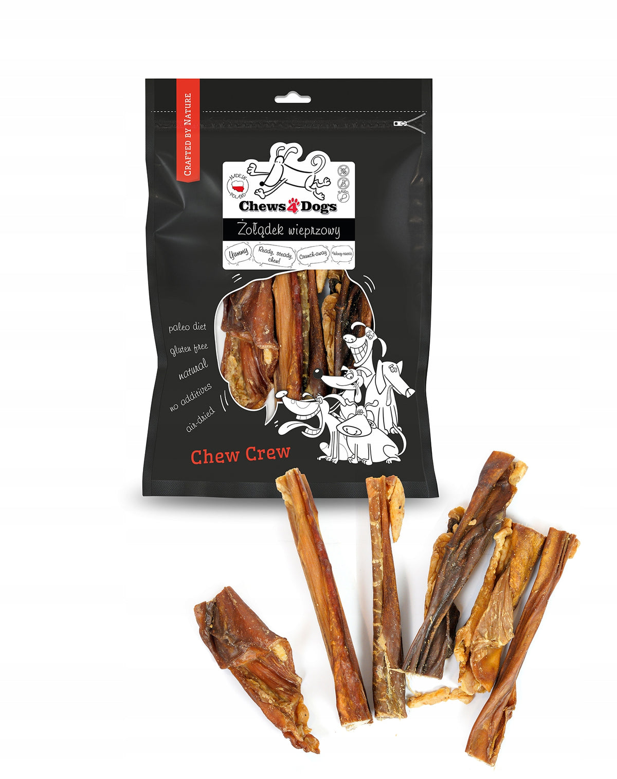 Dog Teether Pork Stomachs Natural Dried Treat 150g Chews4Dogs Packaging status original