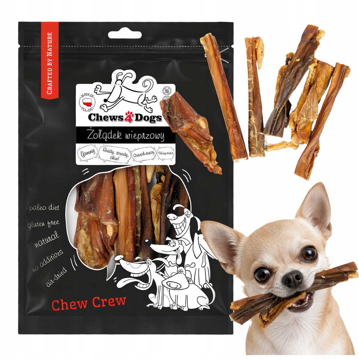 Dog Teether Pork Stomachs Natural Dried Treat 150g Chews4Dogs