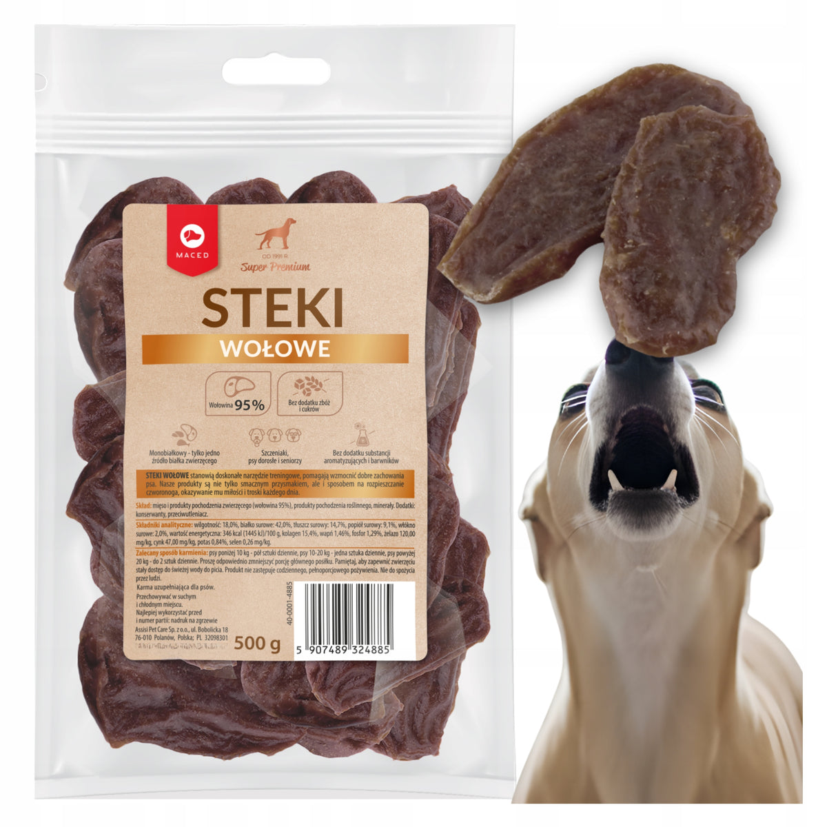 Dog Treat with Beef Teether Super Premium Beef Steaks MACED 500g