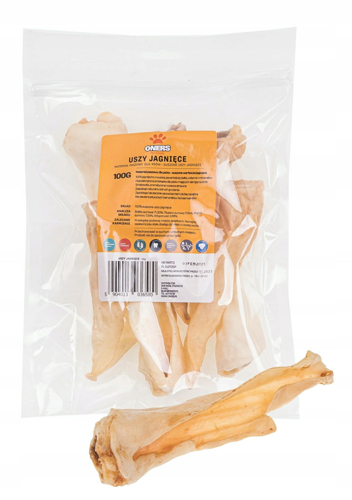 Dog Treats Lamb Ears 100g Natural Teether Hypoallergenic ONERS