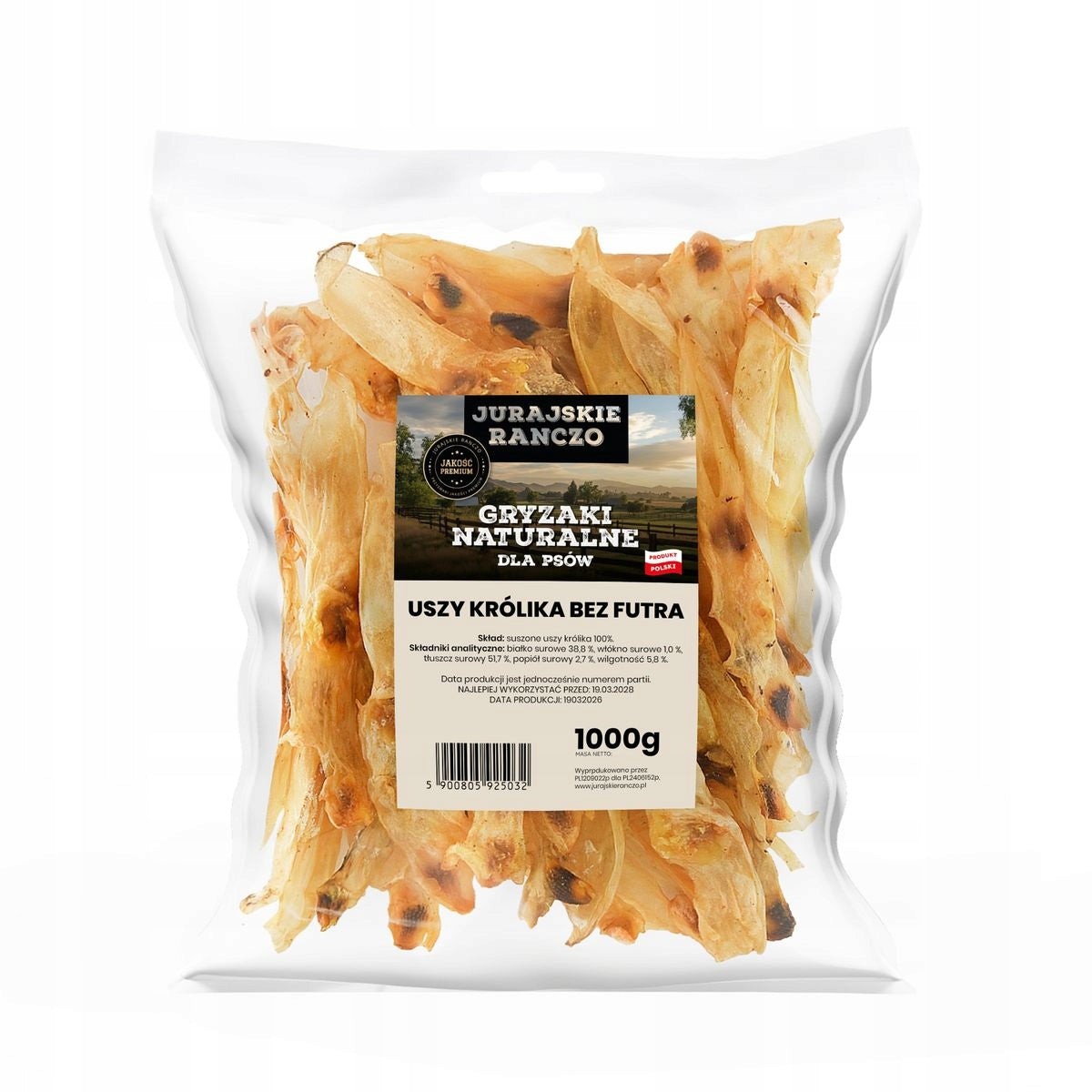 Dog Treats Rabbit Ear JURASSIC RANCH Dried Teether MONO 1000 g Volume 1000 ml