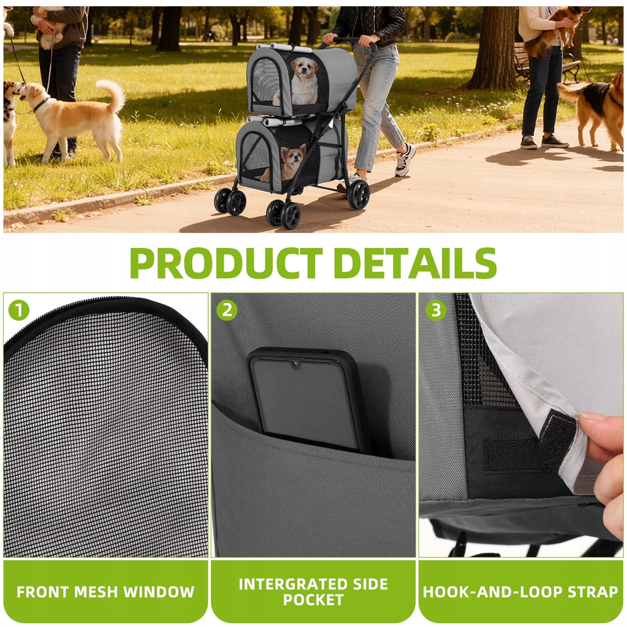 Dog and Cat Stroller, max 15kg, Foldable, Mesh Window, 82x53x98cm, Grey Size L