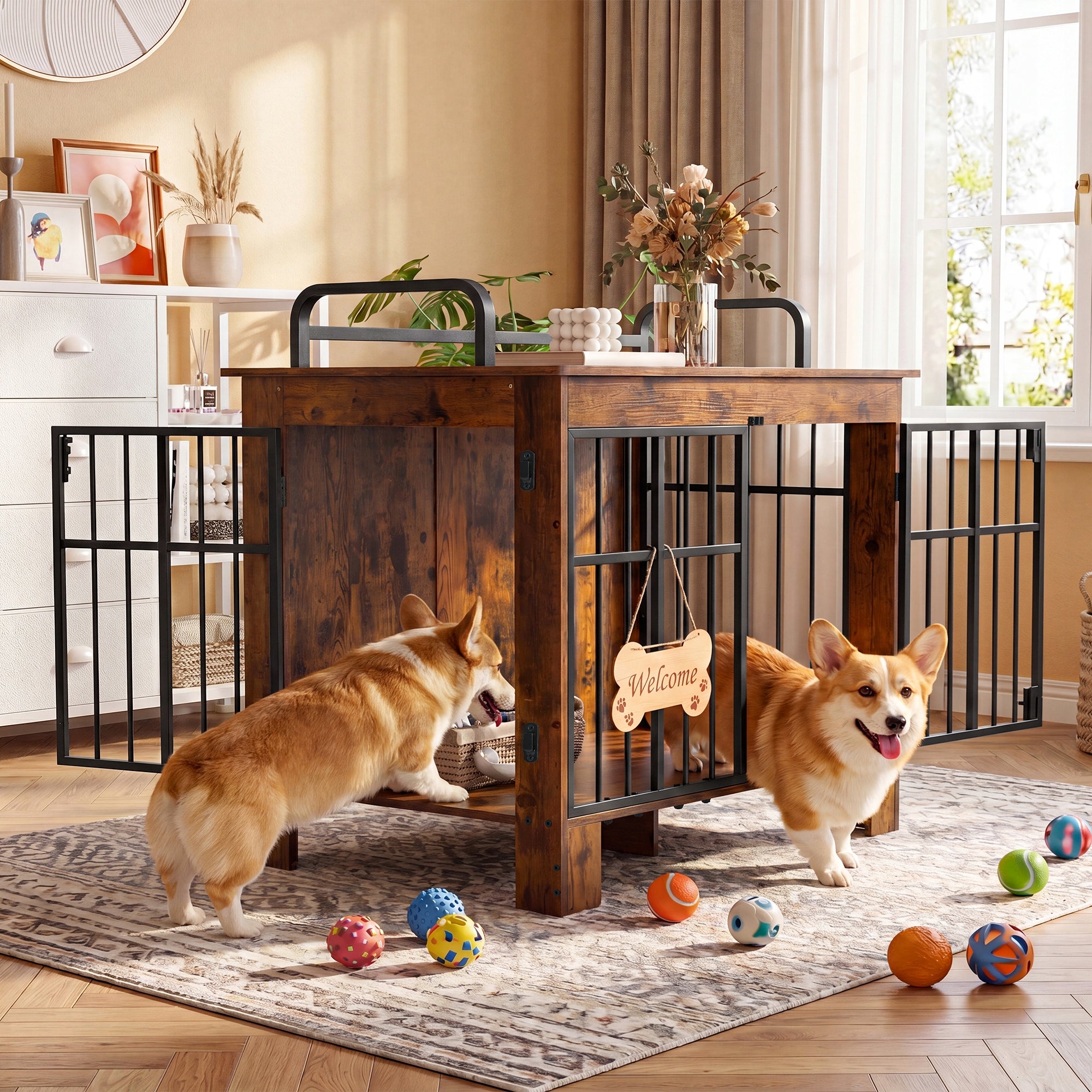 Dog cage, Lockable, Household, with entrance, Kennel Cage,100x60x75cm, Oak