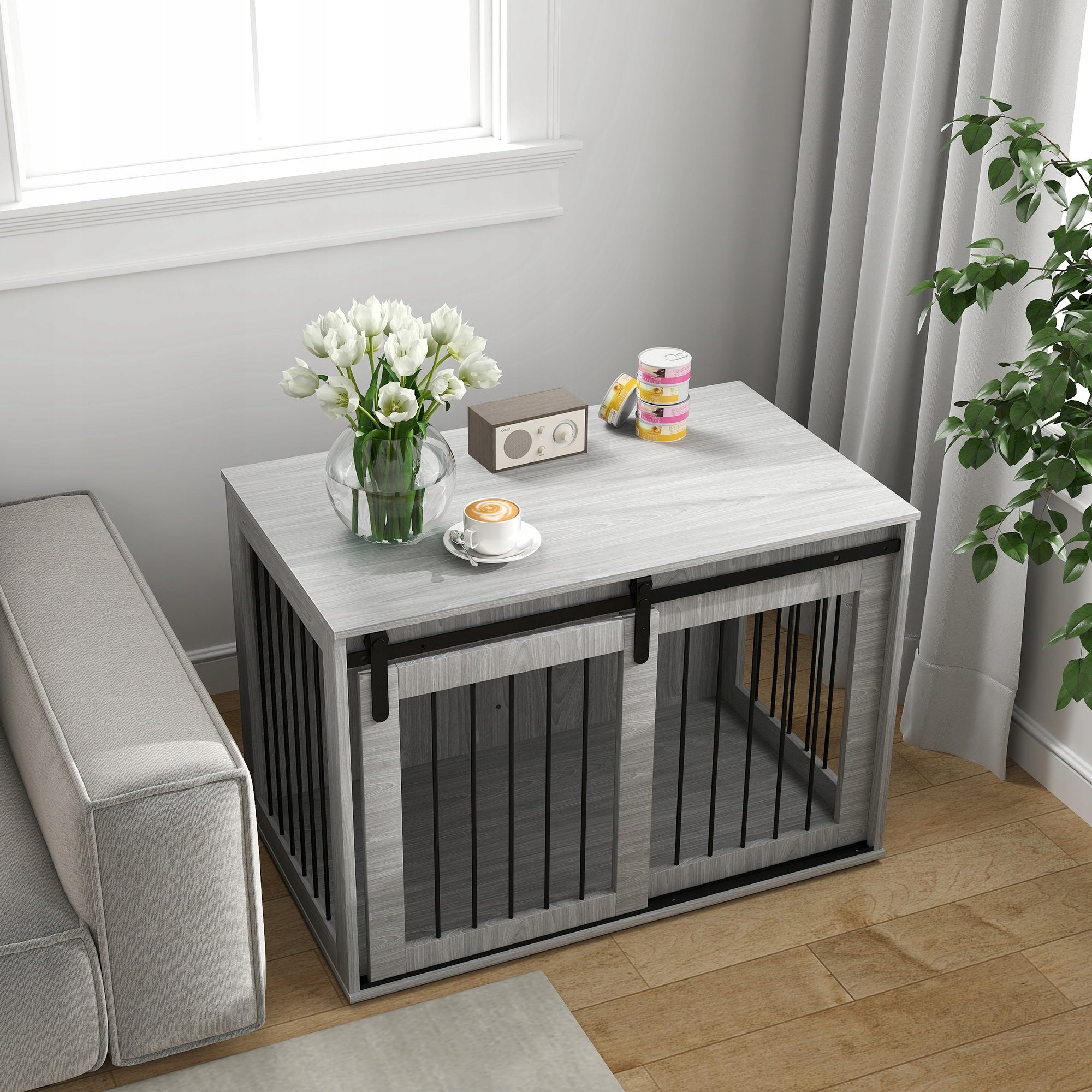 Dog cage, domestic, with entrance, for dogs up to 30 kg grey Material of manufacture wood