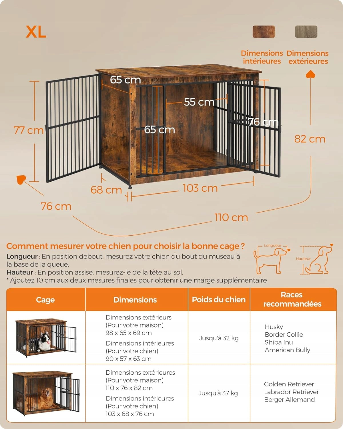 Dog cage side table up to 37 kg with 2 doors 110 x 76 x 82 vintage Kind cage