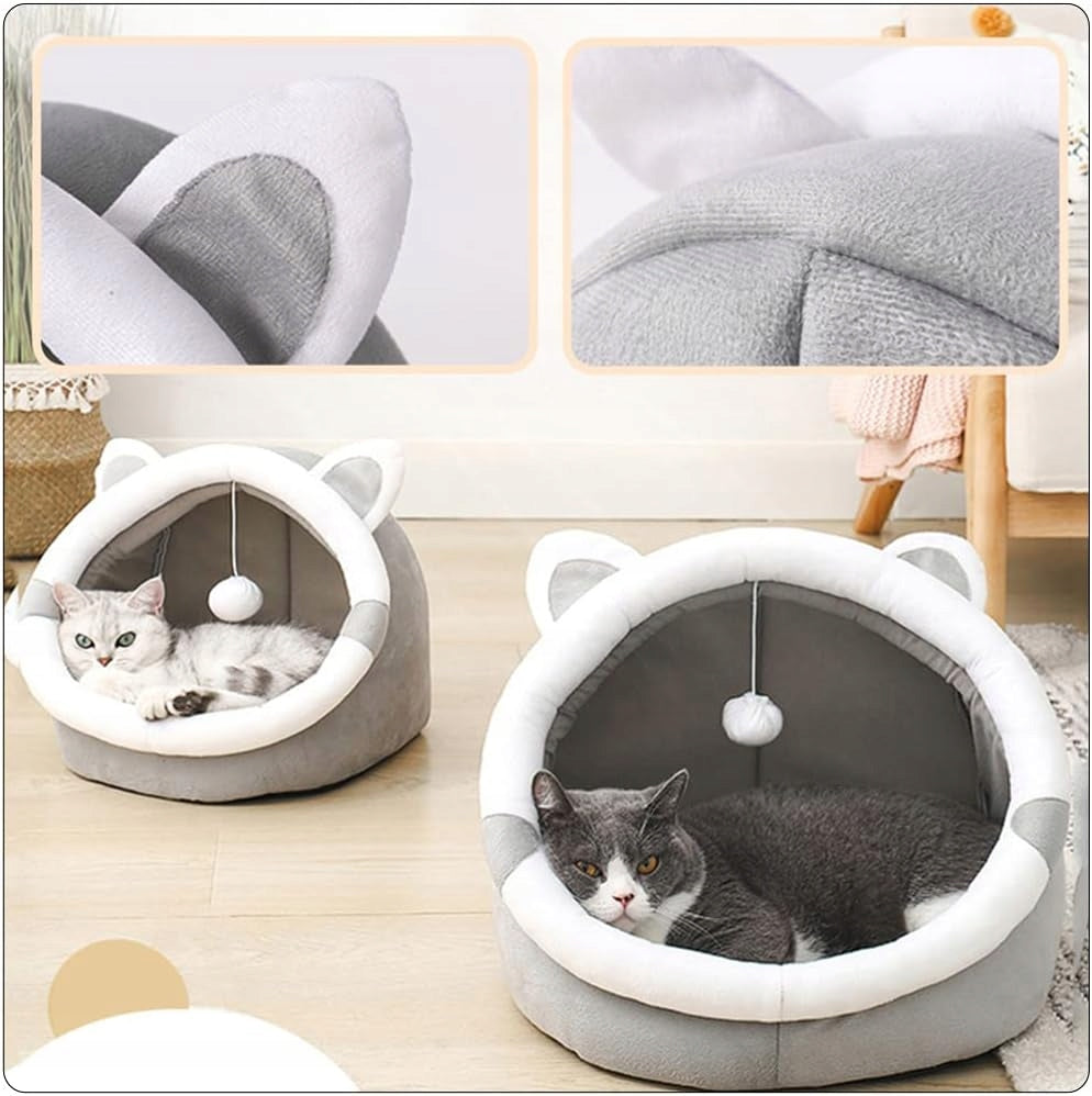 Dog cat bed cottage booth plush soft with pillow and toy Color gray