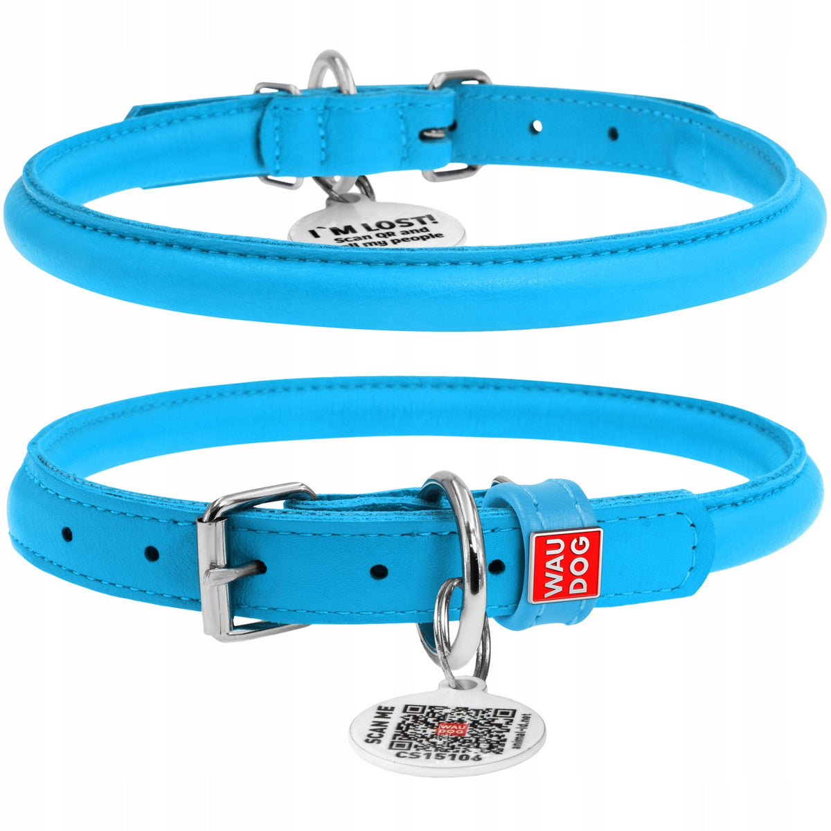 Dog collar leather + QR ADDRESS FREEBIE, blue, r. XXS