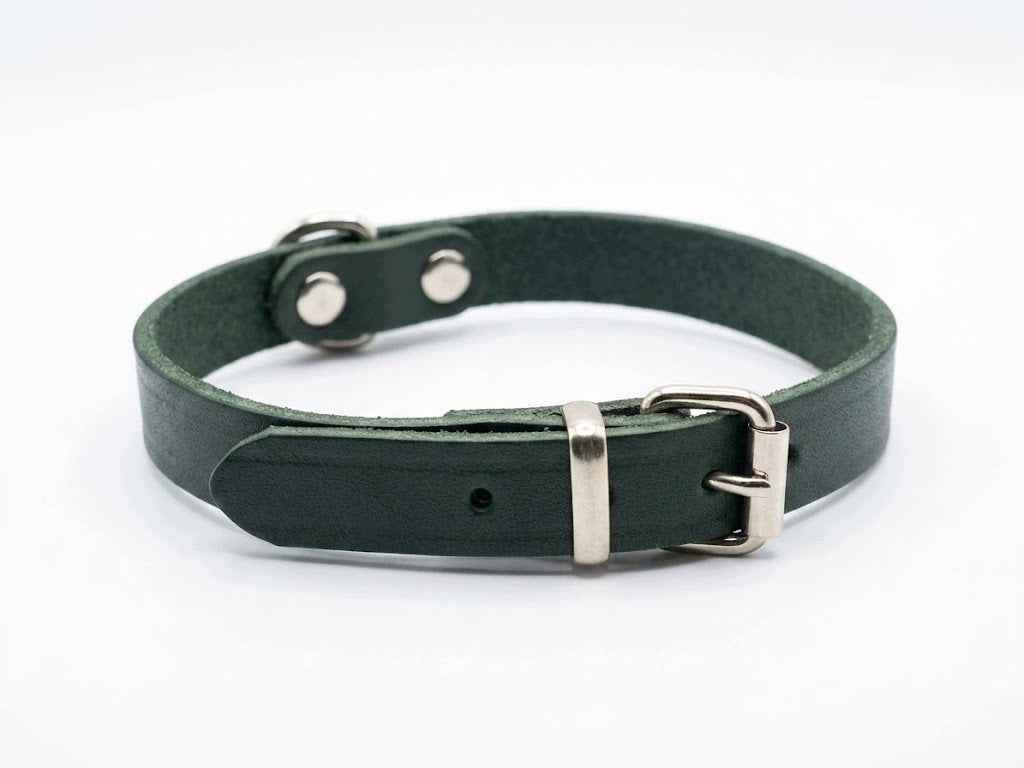 Dog collar leather dark green 0,5cm/32 cm