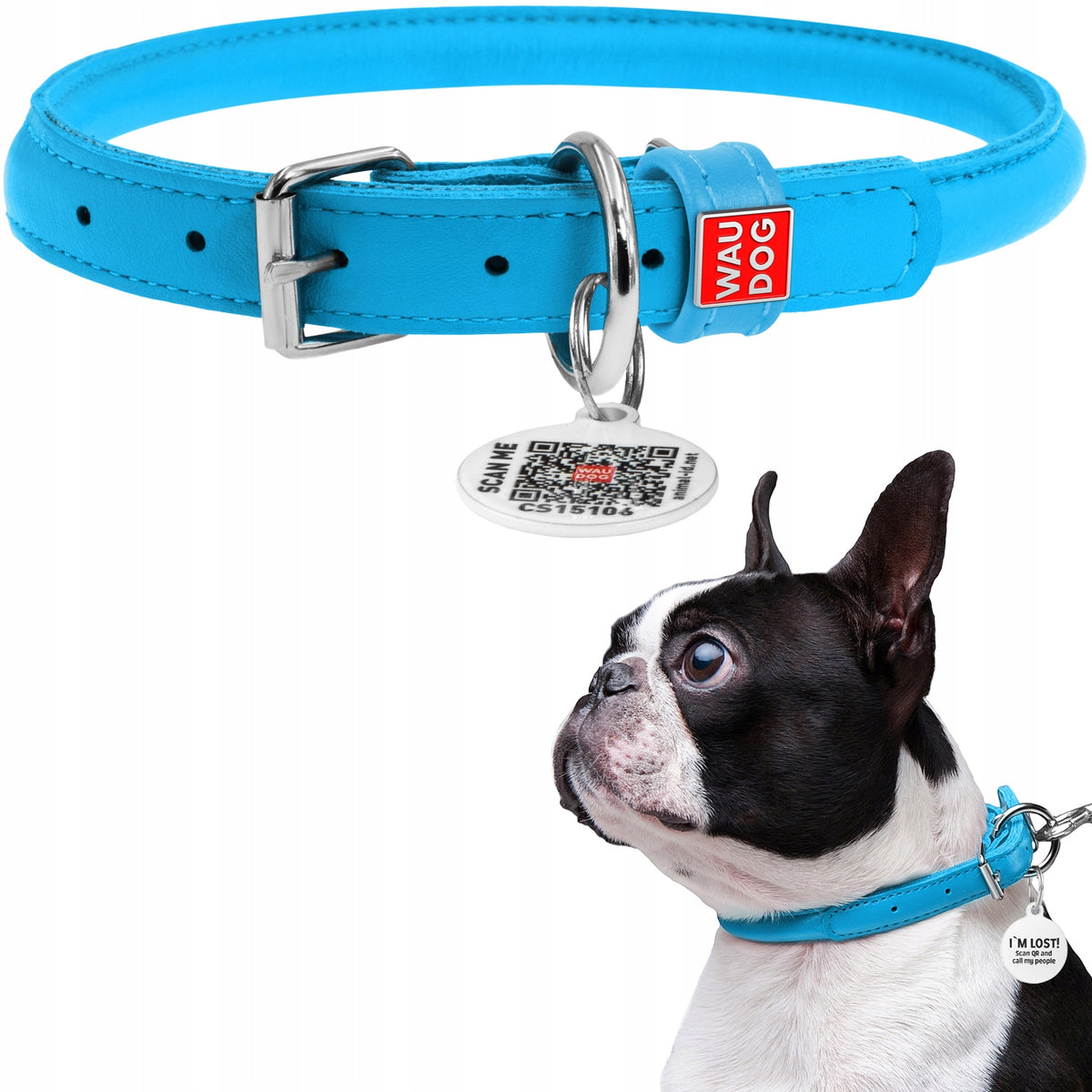 Dog collar leather round + QR ADDRESS FREEBIE, blue, r. XL