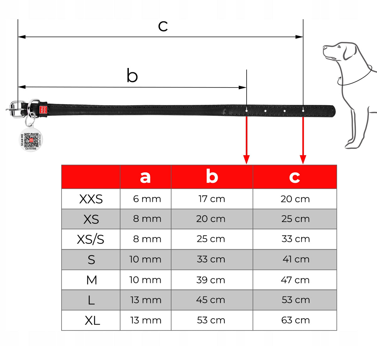 Dog collar leather round red + QR ADDRESS FREEBIE, r. L Manufacturer code 35073
