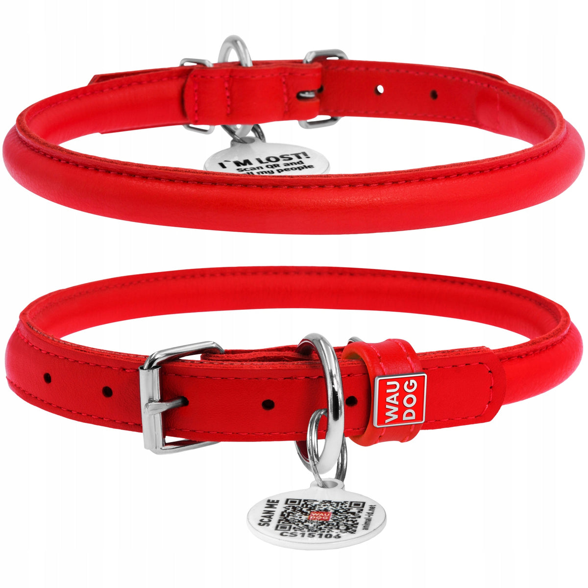 Dog collar leather round red + QR ADDRESS FREEBIE, r. L Packaging status original