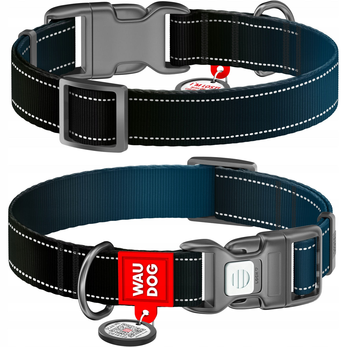 Dog collar monochrome, reflective + QR ADDRESS FREEBIE, black L Packaging status original