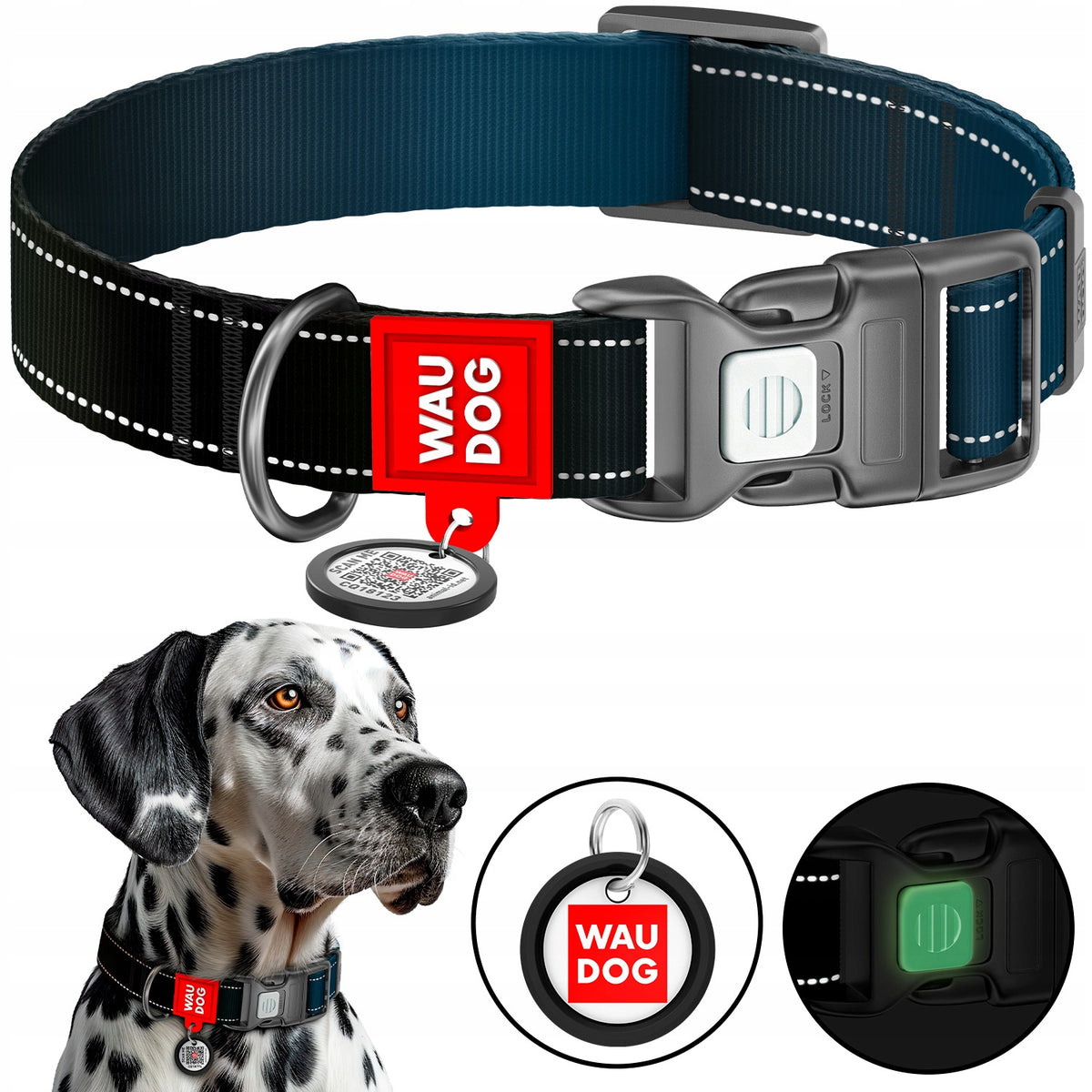 Dog collar monochrome, reflective + QR ADDRESS FREEBIE, black L