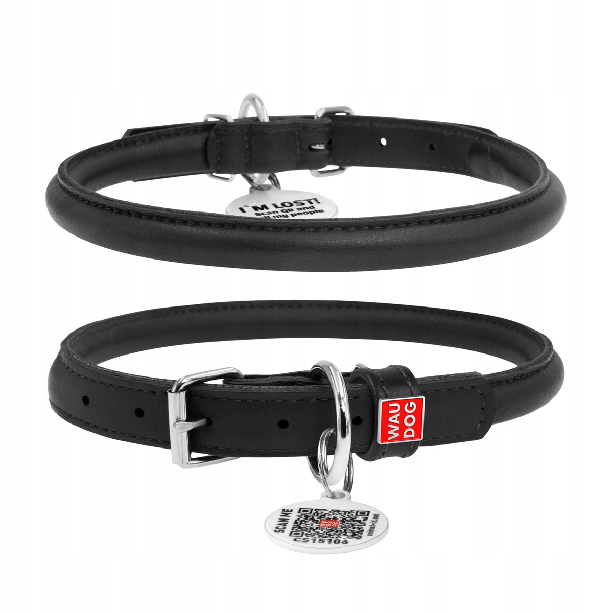 Dog collar with QR code, leather, round, black, r. L, 45-53 cm 13 mm