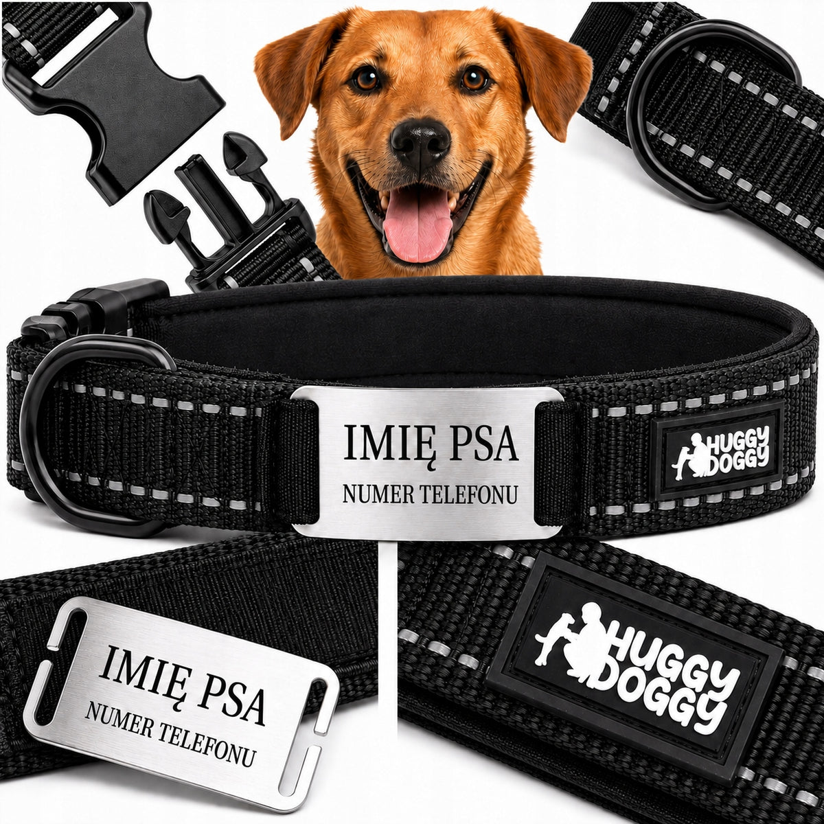 Dog collar with engraving with name black reflective HUGGY DOGGY M
