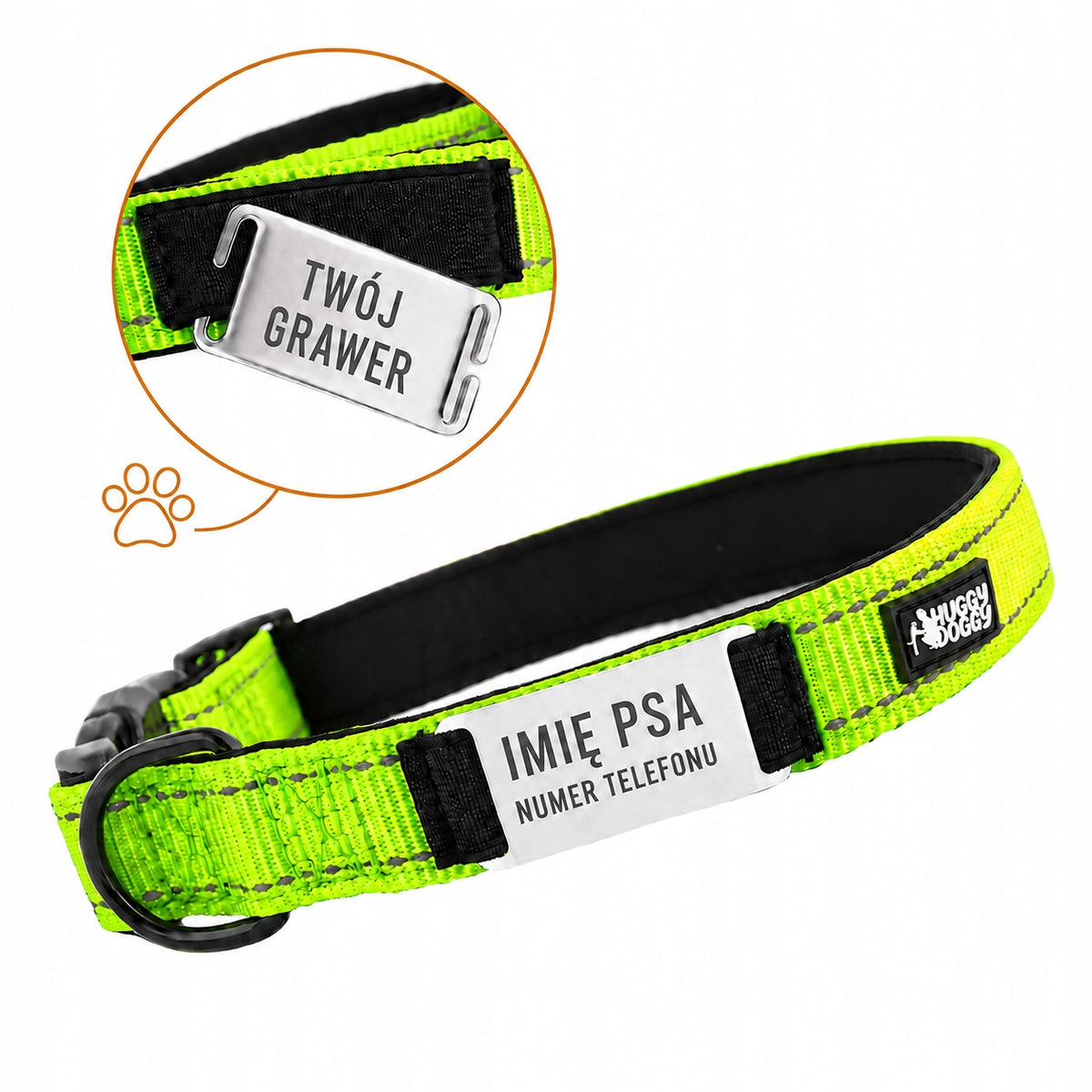 Dog collar with name and number ENGRAVED reflective HUGGY DOGGY M Packaging status original