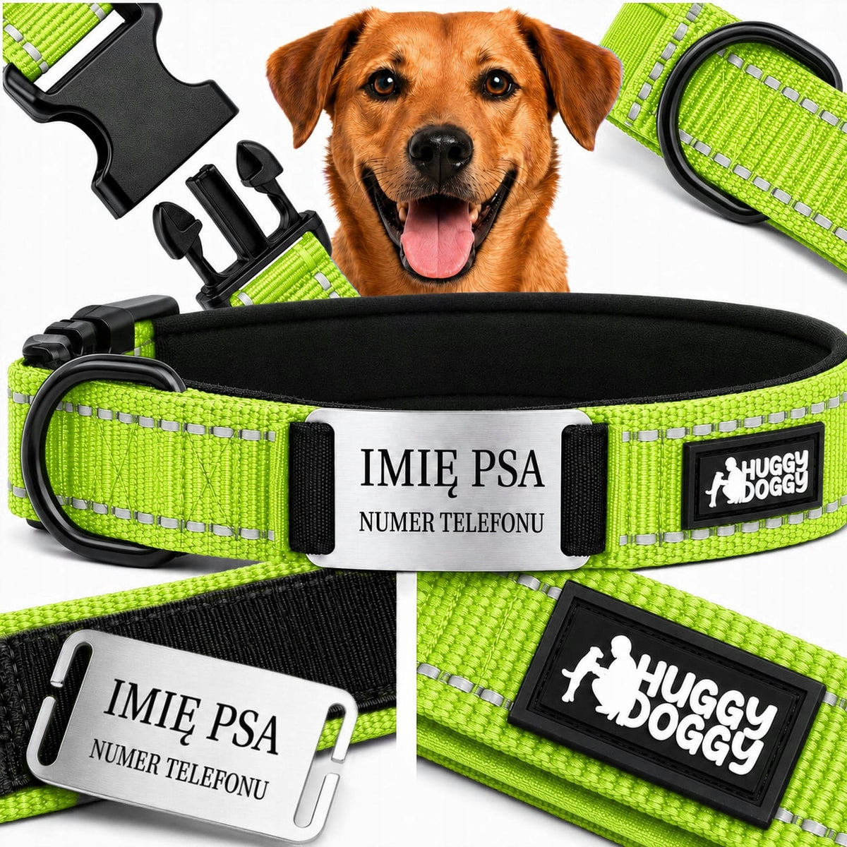 Dog collar with name and number ENGRAVED reflective HUGGY DOGGY M
