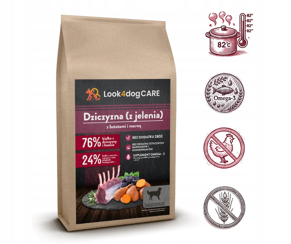 Dog food Look4dog CARE deer+salmon without grains and poultry adult dog 12kg Packaging status original