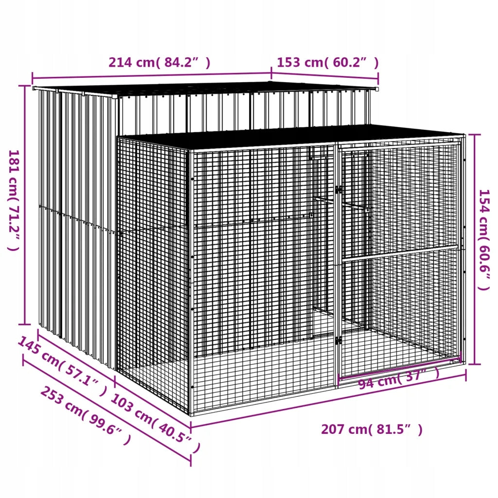 Dog kennel, with enclosure, anthracite, 214x253x181 cm, steel Material of manufacture powder steel