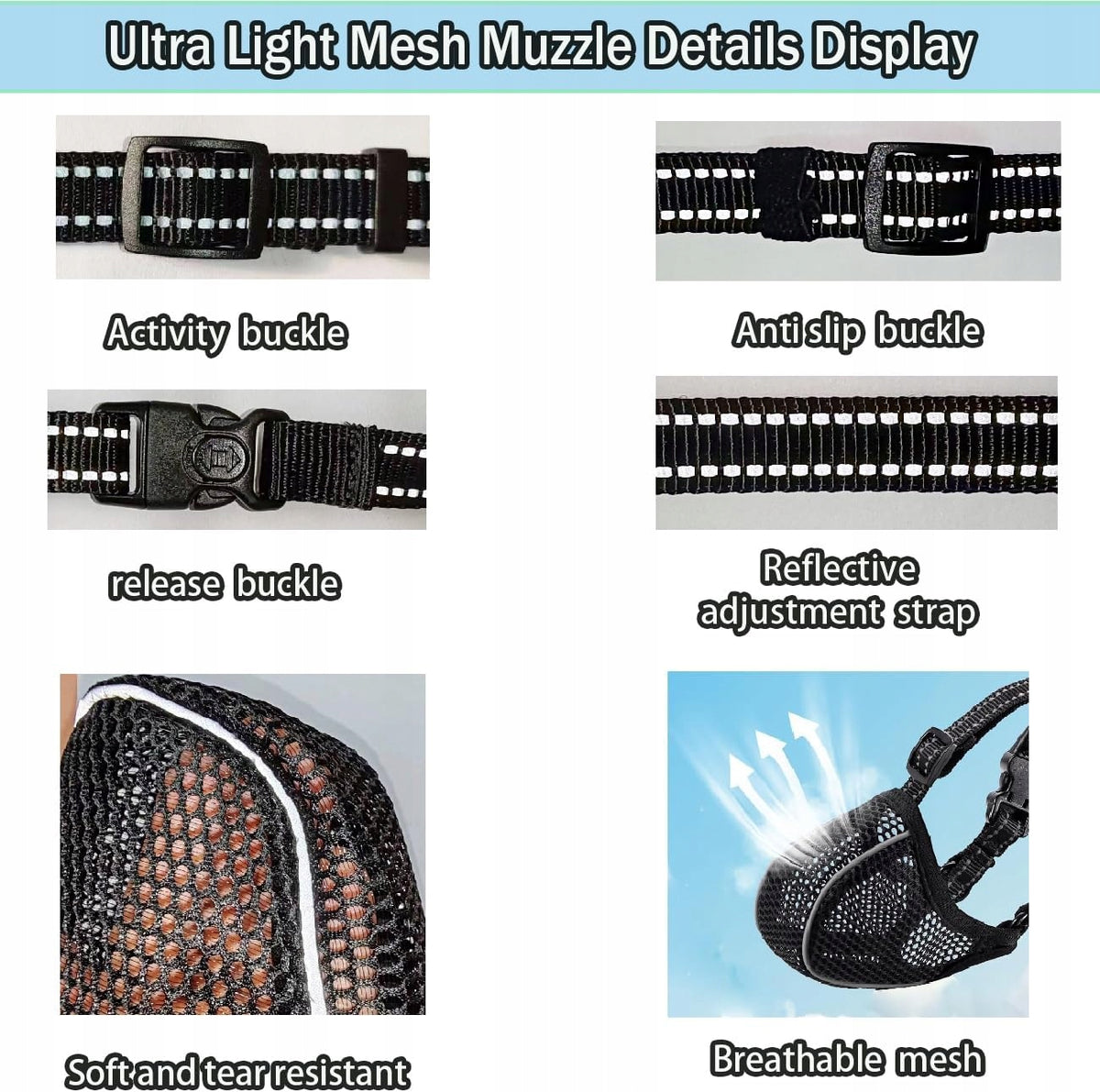 Dog muzzle XL Adjustable Breathable Reflective Against Food Packaging status original